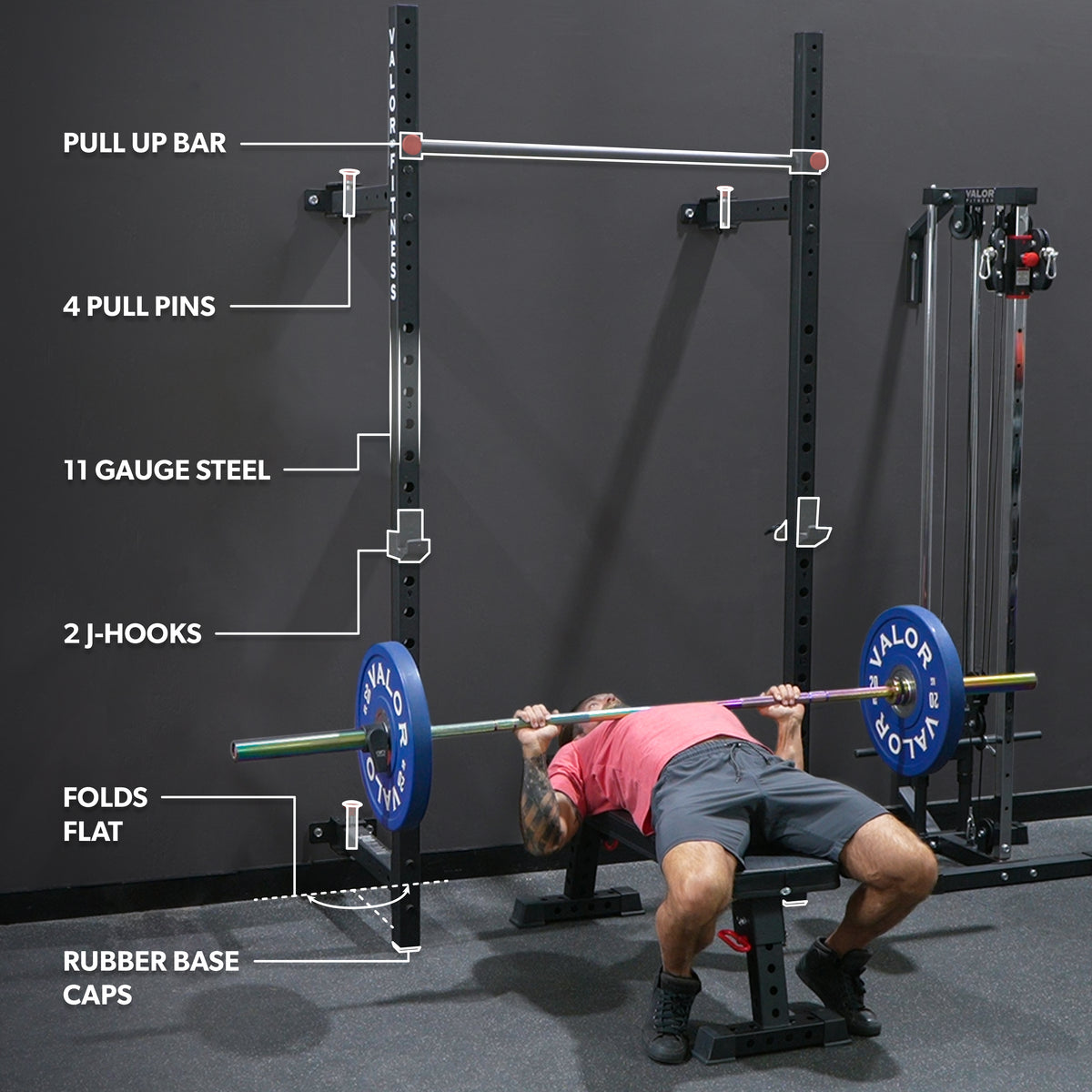 Folding Wall Mounted Squat Rack - Bench - Pull Up Bar