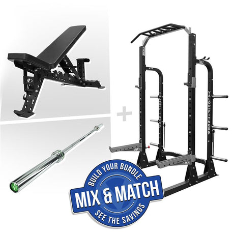 Power rack set with barbell, power rack and bench
