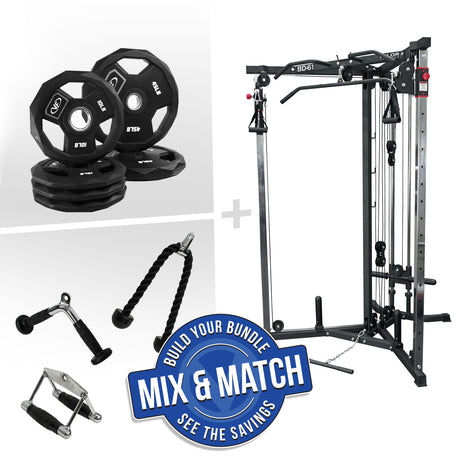Home gym cable machine, Olympic plates, and cable machine attachments for a cable machine gym setup