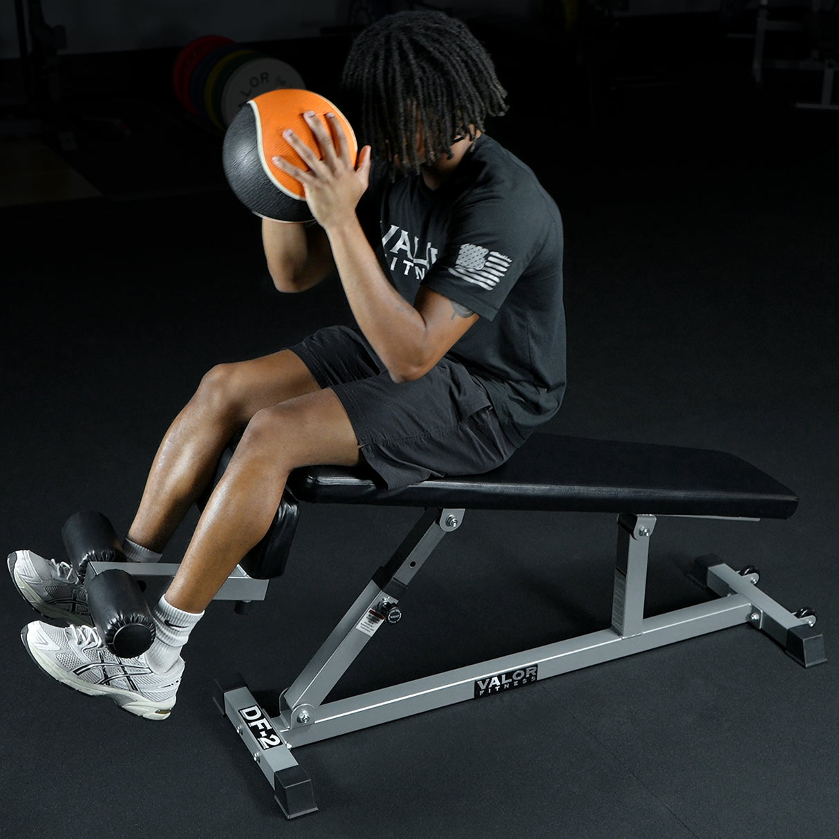 Using a decline angle bench for sit-ups with a weighted medicine ball
