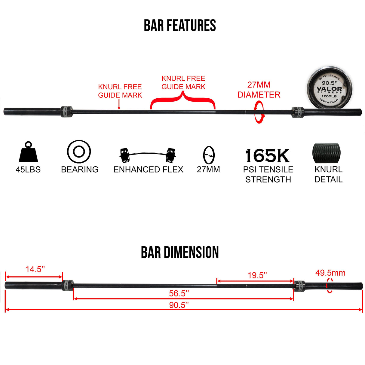 Valor Fitness dead lift bar dimensions
