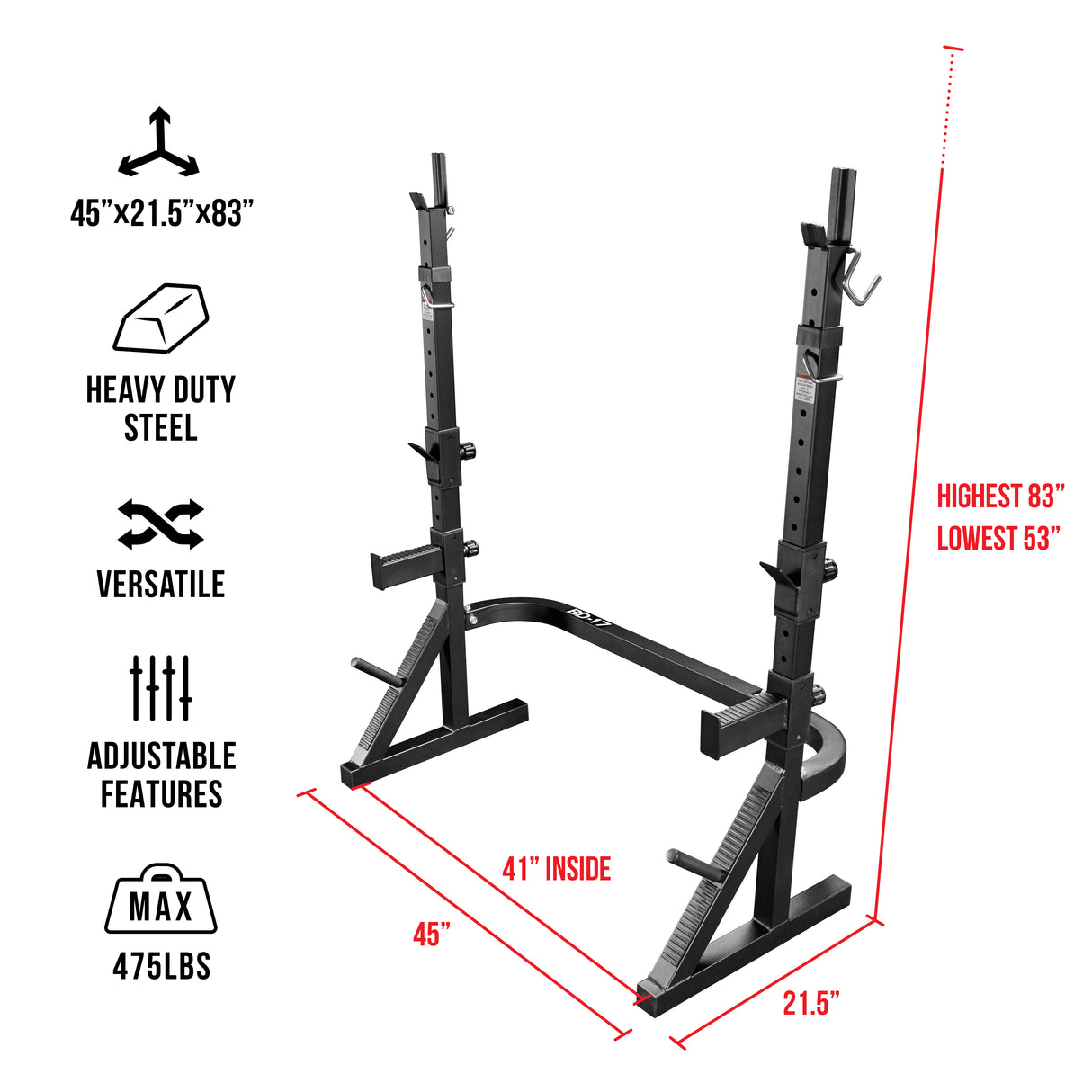 Black squat rack with measurements and features on a white background