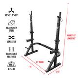 Black squat rack with measurements and features on a white background