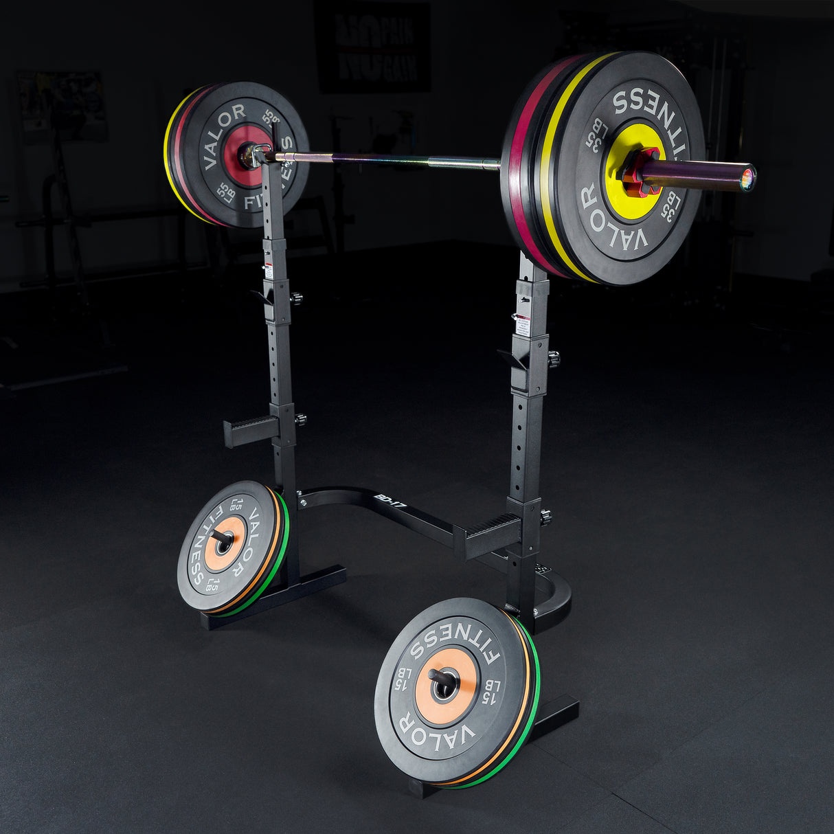 Barbell with weight plates on a squat stand in a gym setting