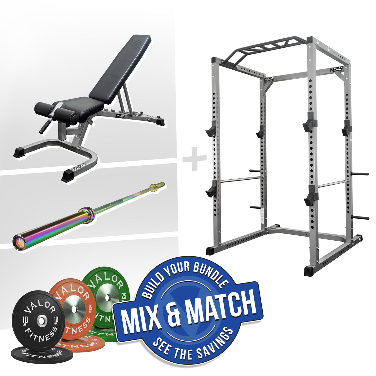 Complete home gym with fitness rack, bench, barbell, and weight plate set