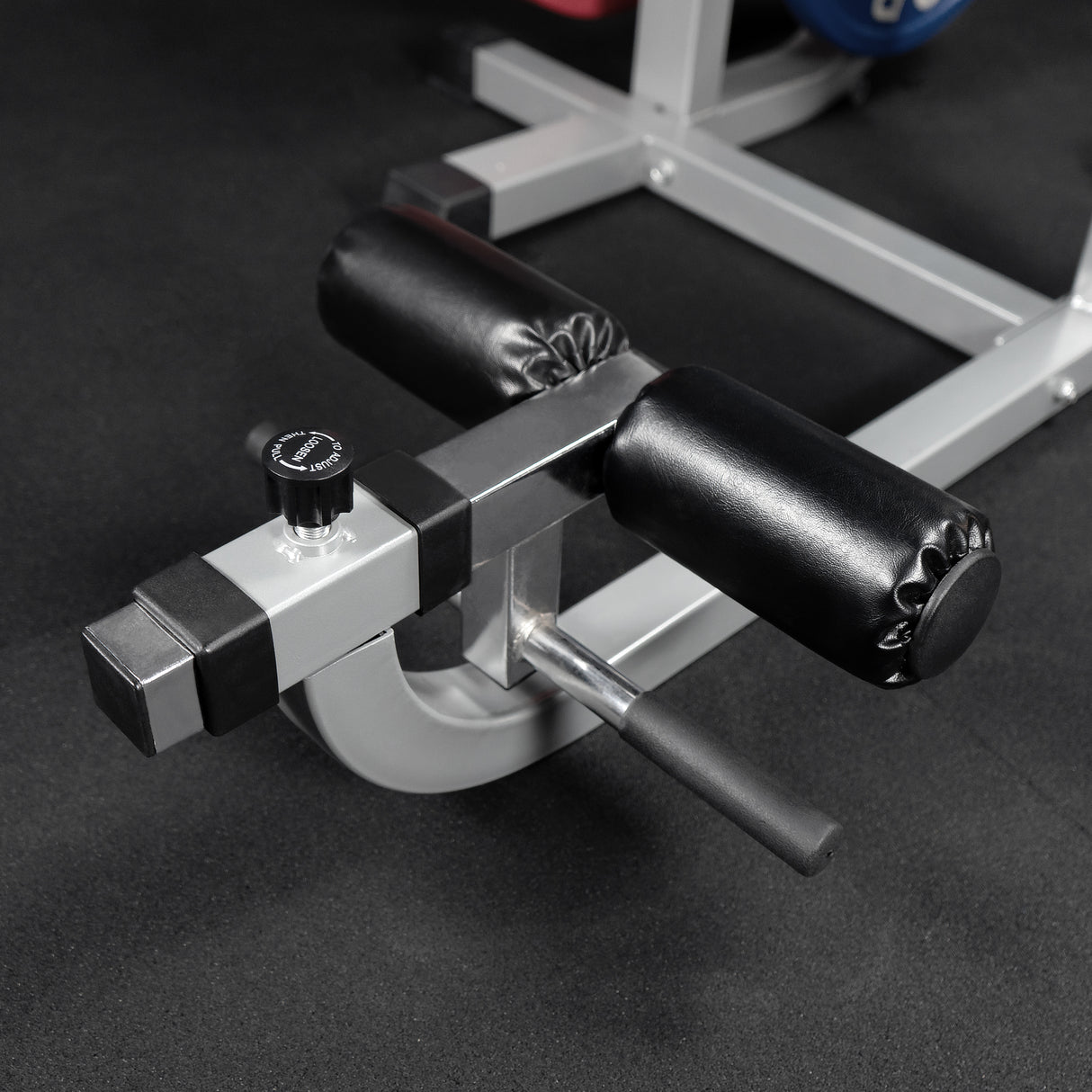 Adjustable calf pad on an ab crunch and back extension machine
