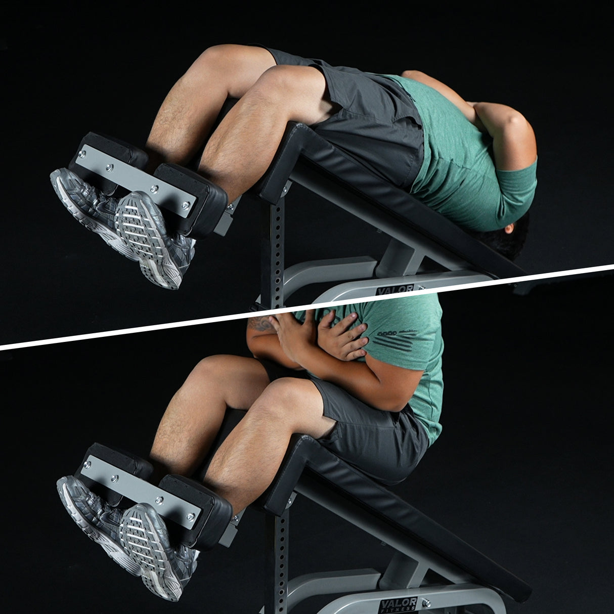 Two views of a person using a declining weight bench for sit-ups