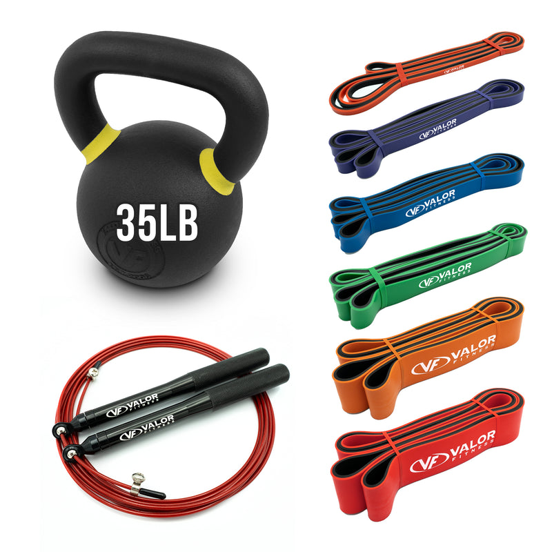 Load image into Gallery viewer, Home Gym Starter Kit w/ 35lb Kettlebell, Bands, Speed Rope
