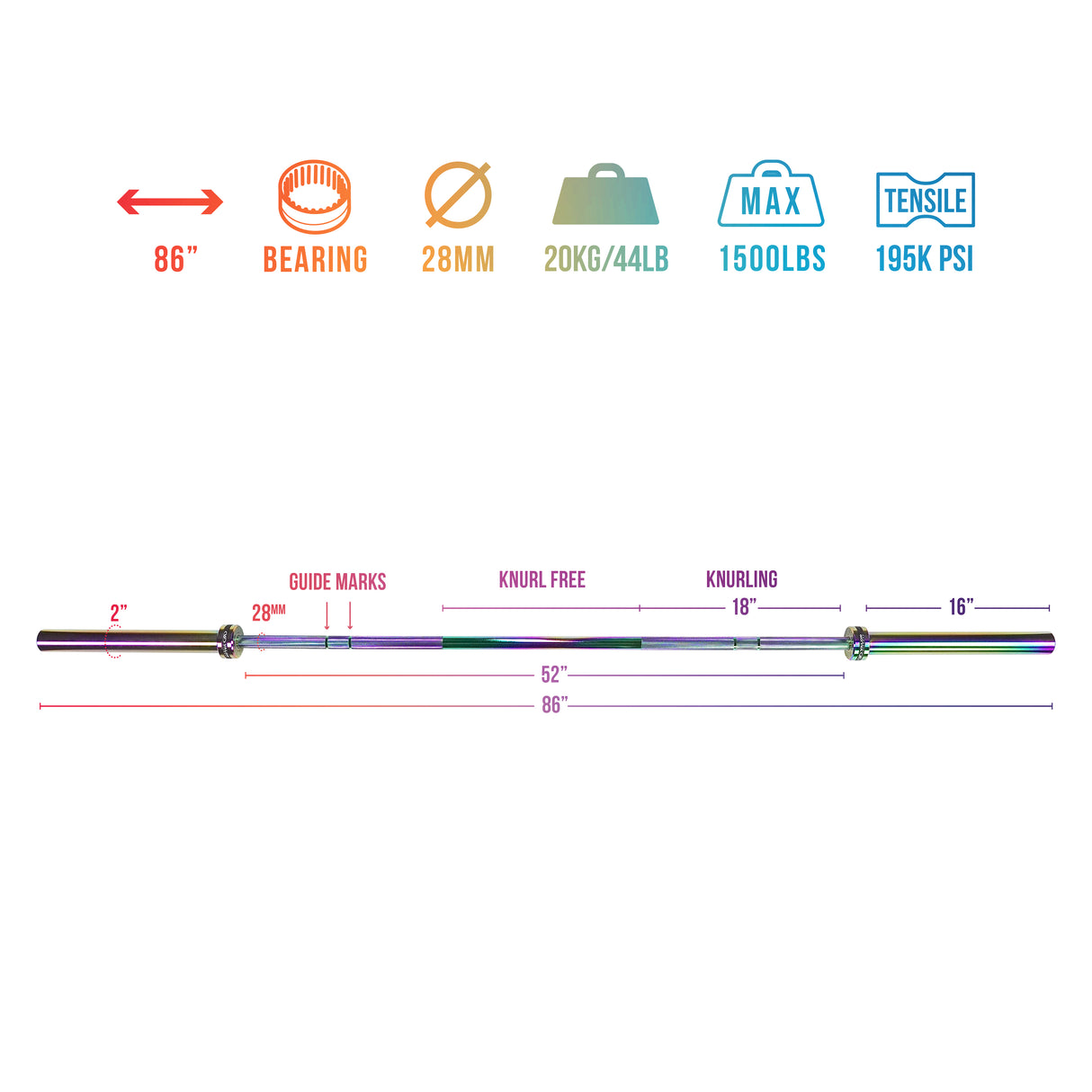 Rainbow Coated Needle Bearing Barbell 86" 28mm