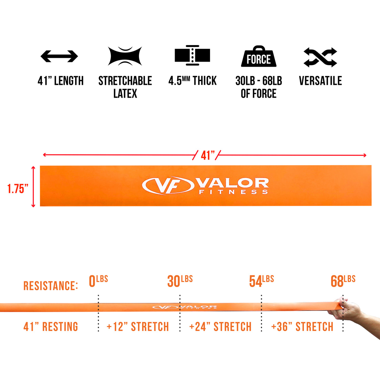 41 inch long orange resistance band size chart