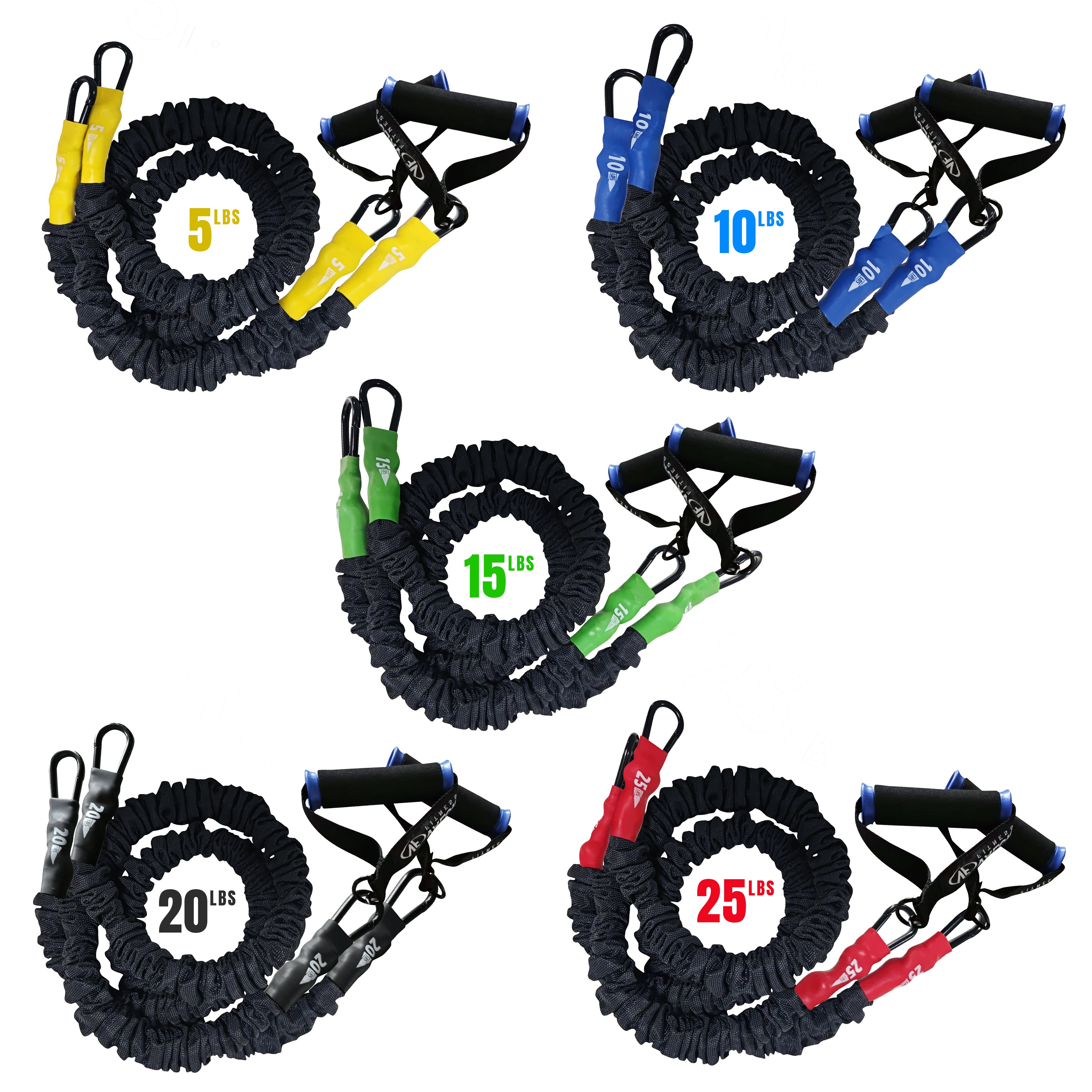 Valor Fitness Resistance Bands 5 Bands Included - 5-25 lbs Carabiners Attached