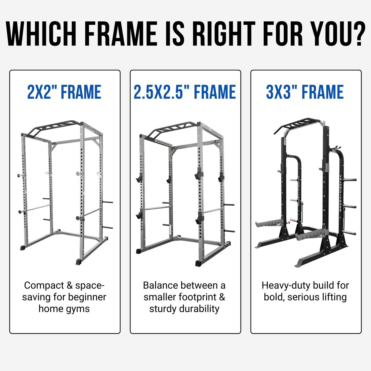 Rack comparison between 2x2, 2.5x2.5, and 3x3 racks for power rack and weight set