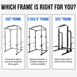 Rack comparison between 2x2, 2.5x2.5, and 3x3 racks for power rack and weight set