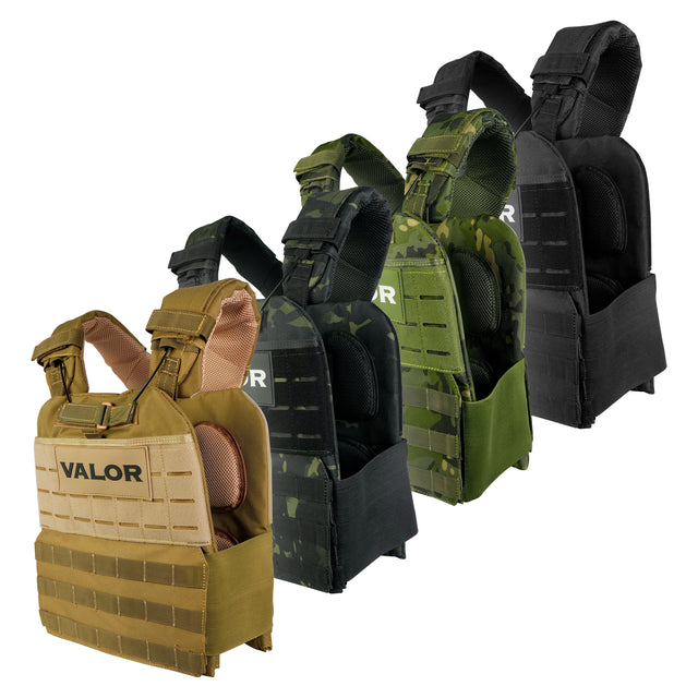 weight vests in different colors, tan, black, and green weighted workout vests