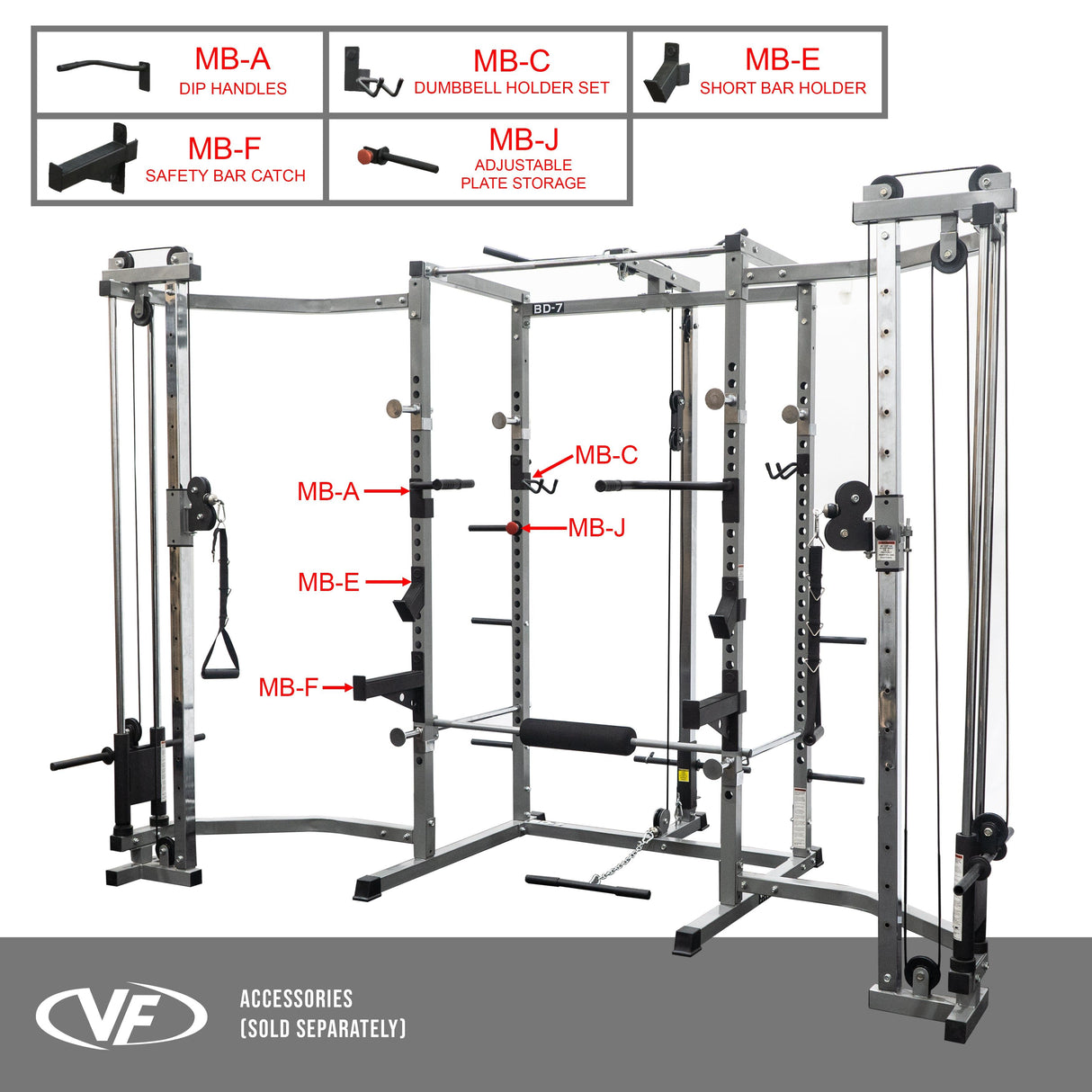 BD-7BCC, Power Rack with Lat Pull & Cable Crossover Attachments